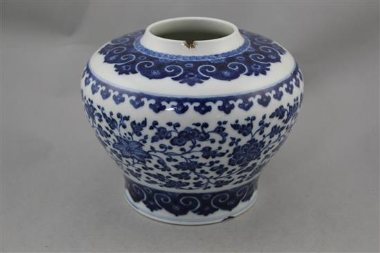 A Chinese blue and white Ming style baluster vase, Yongzheng period, 16cm., some damage